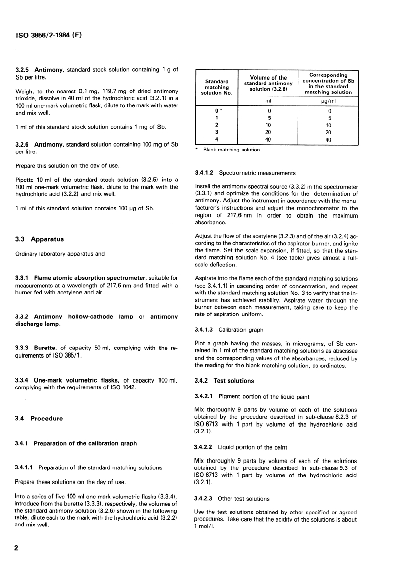 ISO 3856-2:1984 ISO 3856-2:1984 - Paints and varnishes — Determination of "soluble" metal content — Part 2: Determination of antimony content — Flame atomic absorption spectrometric method and Rhodamine B spectrophotometric method/1/1984 - Page 4 preview