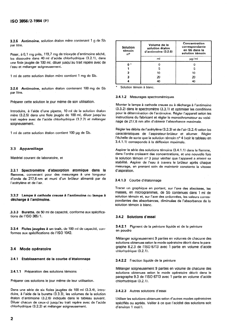 ISO 3856-2:1984 ISO 3856-2:1984 - Peintures et vernis — Détermination de la teneur en métaux "solubles" — Partie 2: Détermination de la teneur en antimoine — Méthode par spectrométrie d'absorption atomique dans la flamme et méthode spectrophotométrique à la rhodamine B/1/1984 - Page 4 preview