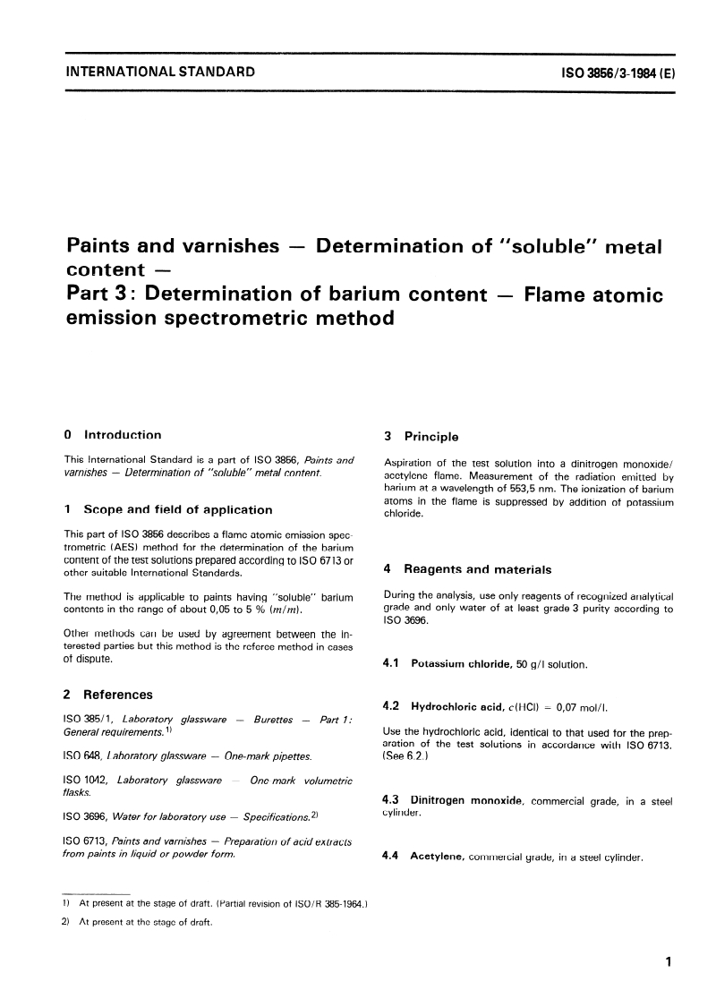 ISO 3856-3:1984 ISO 3856-3:1984 - Paints and varnishes — Determination of "soluble" metal content — Part 3: Determination of barium content — Flame atomic emission spectrometric method/1/1984 - Page 3 preview