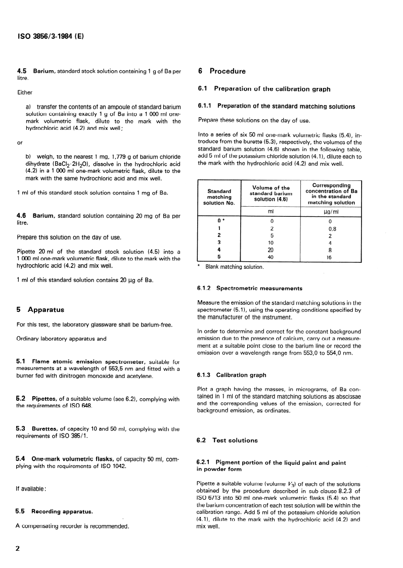 ISO 3856-3:1984 ISO 3856-3:1984 - Paints and varnishes — Determination of "soluble" metal content — Part 3: Determination of barium content — Flame atomic emission spectrometric method/1/1984 - Page 4 preview