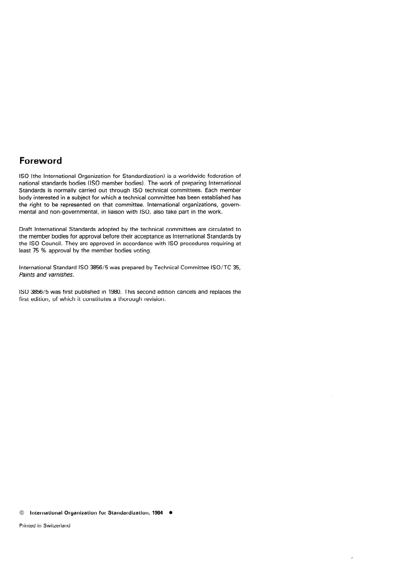 ISO 3856-5:1984 ISO 3856-5:1984 - Paints and varnishes — Determination of "soluble" metal content — Part 5: Determination of hexavalent chromium content of the pigment portion of the liquid paint or the paint in powder form — Diphenylcarbazide spectrophotometric method/1/1984 - Page 2 preview