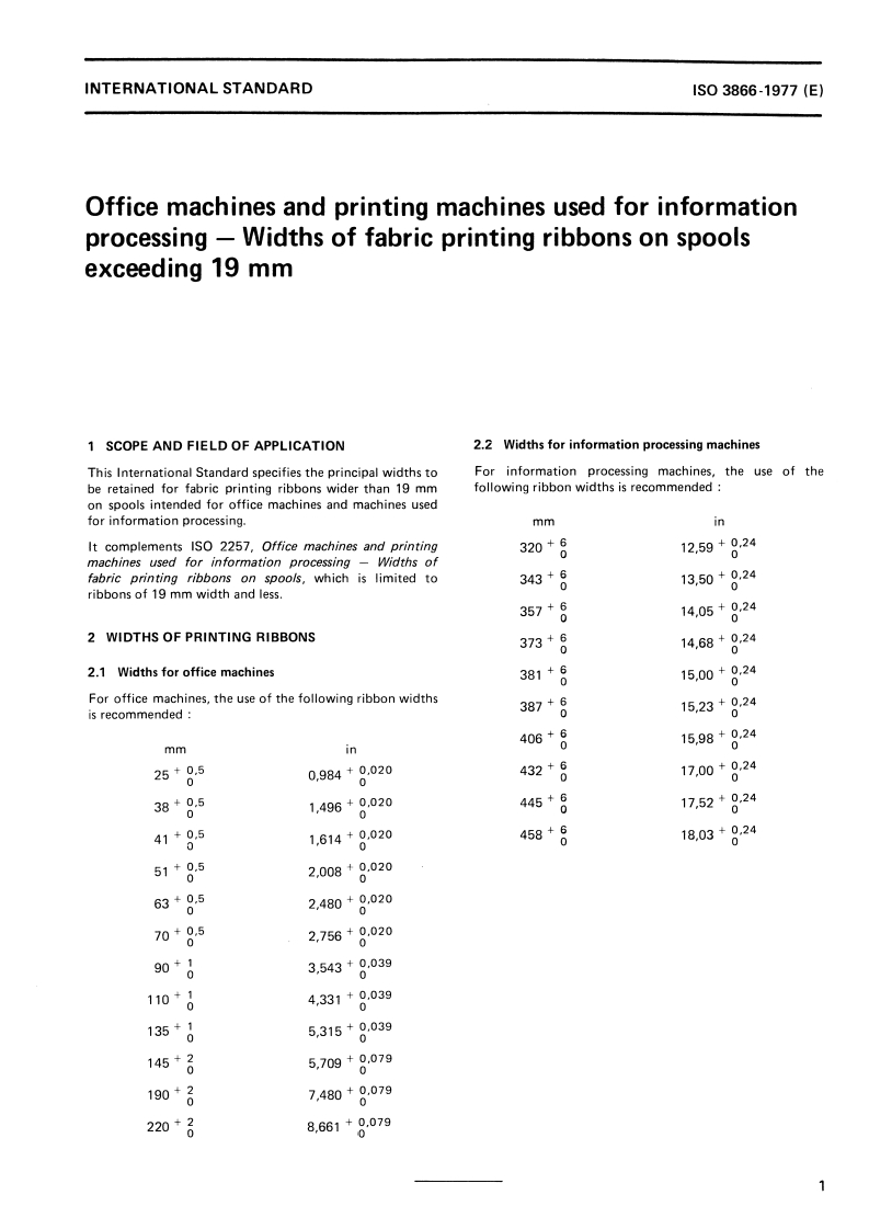 ISO 3866:1977 ISO 3866:1977 - Office machines and printing machines used for information processing — Widths of fabric printing ribbons on spools exceeding 19 mm/1/1977 - Page 3 preview