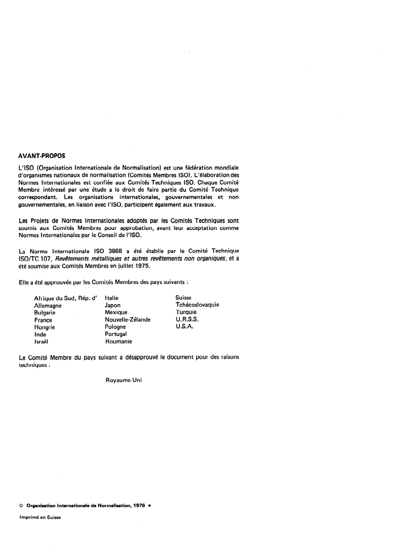 ISO 3868:1976 ISO 3868:1976 - Revêtements métalliques et autres revêtements non organiques — Mesurage de l'épaisseur — Méthode basée sur le principe de Fizeau d'interférométrie à faisceaux multiples/1/1976 - Page 2 preview