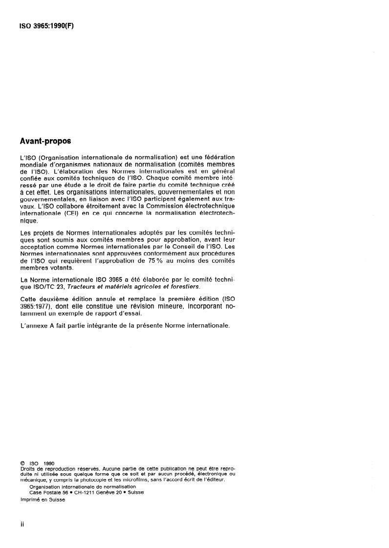 ISO 3965:1990 ISO 3965:1990 - Tracteurs agricoles à roues — Vitesses maximales — Méthode de détermination/15/1990 - Page 2 preview