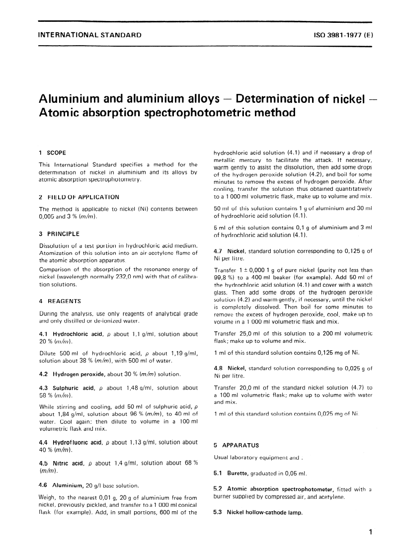 ISO 3981:1977 ISO 3981:1977 - Aluminium and aluminium alloys — Determination of nickel — Atomic absorption spectrophotometric method/1/1977 - Page 3 preview