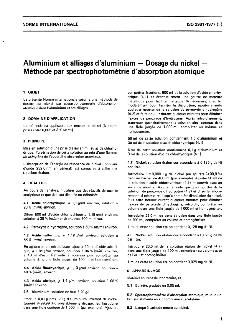 ISO 3981:1977 ISO 3981:1977 - Aluminium et alliages d'aluminium — Dosage du nickel — Méthode par spectrophotométrie d'absorption atomique/1/1977 - Page 3 preview