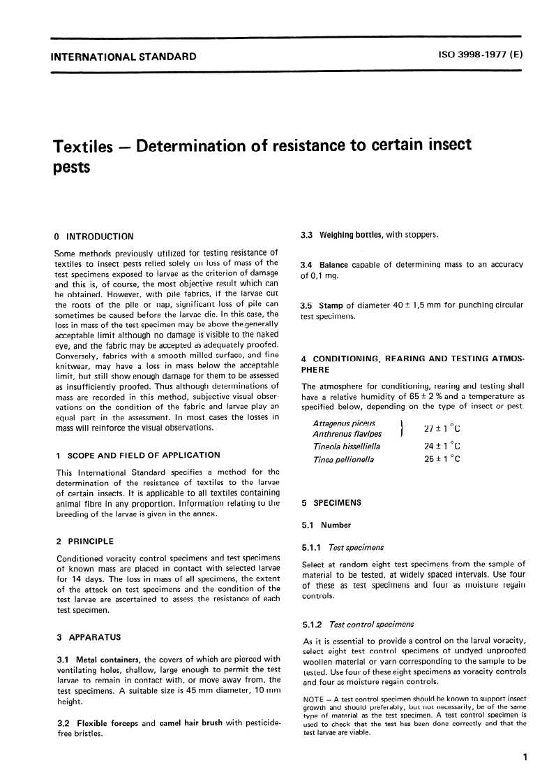 ISO 3998:1977 ISO 3998:1977 - Textiles — Determination of resistance to certain insect pests/1/1977 - Page 3 preview