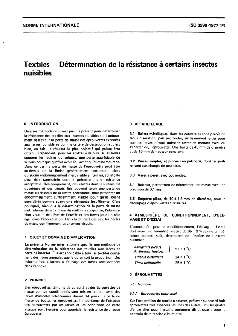 ISO 3998:1977 ISO 3998:1977 - Textiles — Détermination de la résistance à certains insectes nuisibles/1/1977 - Page 3 preview