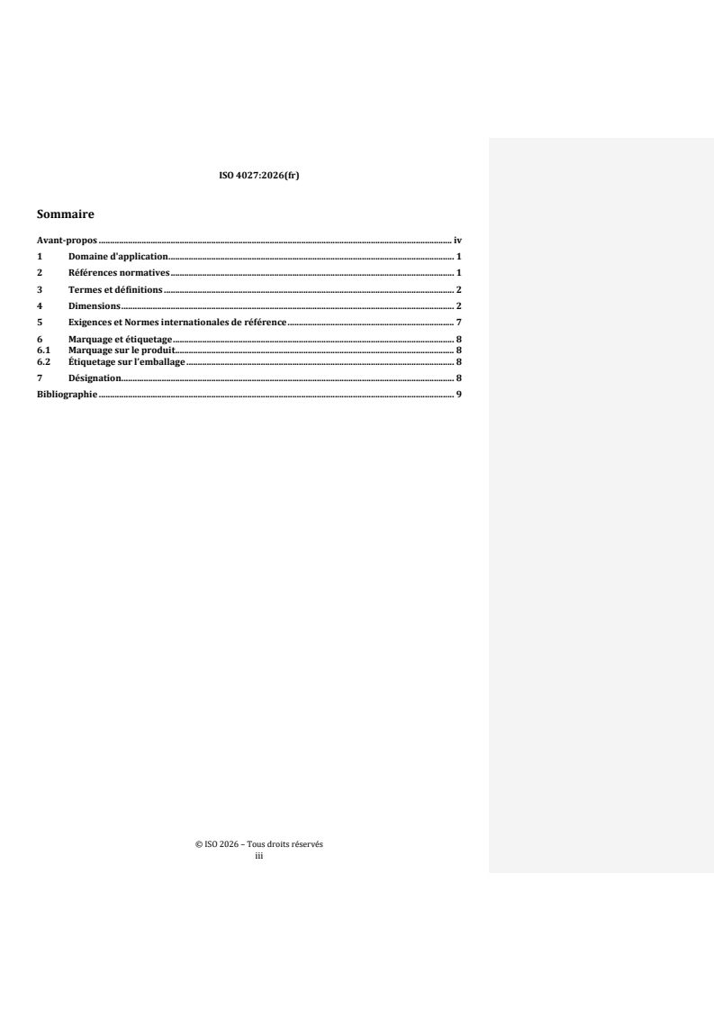 ISO 4027:2026 REDLINE ISO 4027:2026 - Fixations — Vis sans tête à six pans creux, à bout tronconique - Page 3 preview