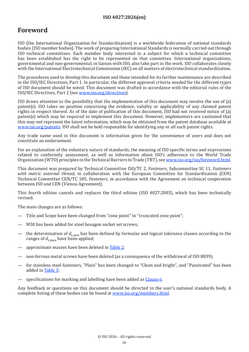 ISO 4027:2026 ISO 4027:2026 - Fasteners — Hexagon socket set screws with truncated cone point - Page 4 preview