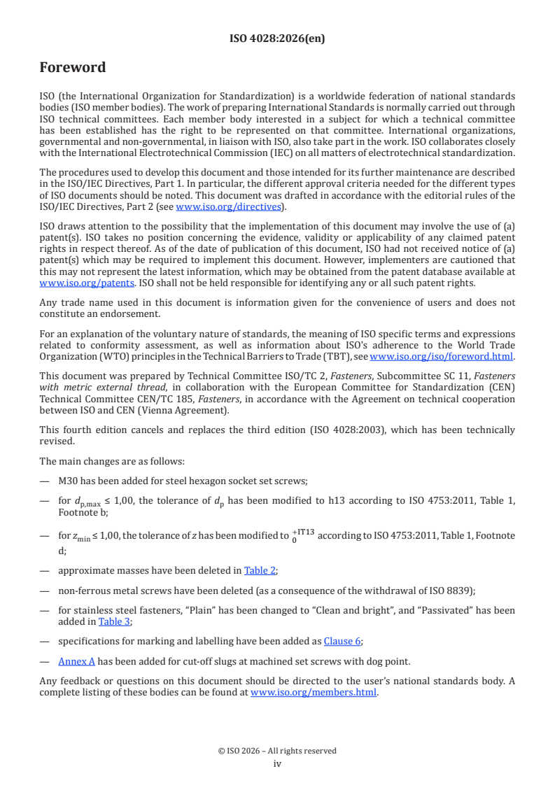 ISO 4028:2026 ISO 4028:2026 - Fasteners — Hexagon socket set screws with dog point - Page 4 preview