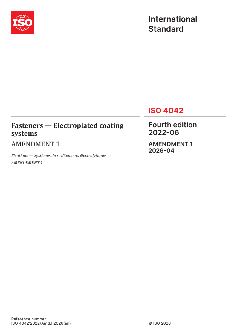 ISO 4042:2022/Amd 1:2026 ISO 4042:2022/Amd 1:2026 - Fasteners — Electroplated coating systems — Amendment 1 - Page 1 preview