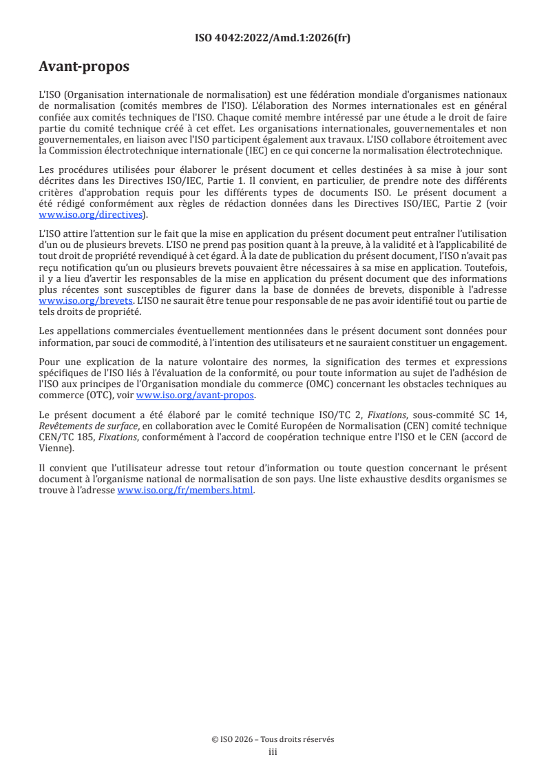ISO 4042:2022/Amd 1:2026 ISO 4042:2022/Amd 1:2026 - Fixations — Systèmes de revêtements électrolytiques — Amendement 1 - Page 3 preview