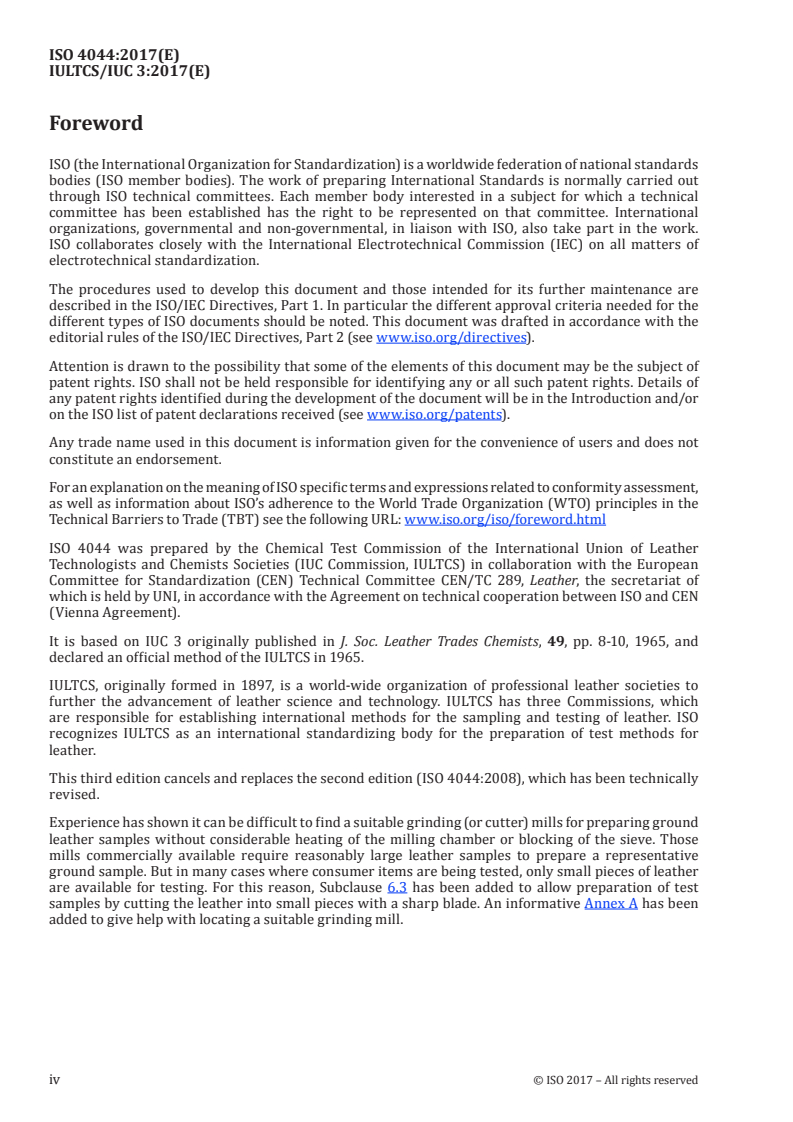 ISO 4044:2017 ISO 4044:2017 - Leather — Chemical tests — Preparation of chemical test samples/3/2017 - Page 4 preview