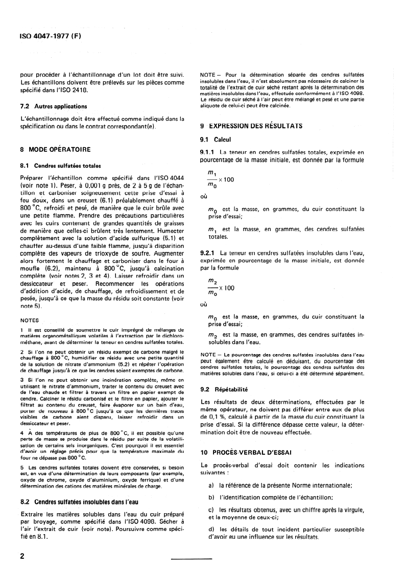 ISO 4047:1977 ISO 4047:1977 - Cuir — Dosage des cendres sulfatées totales et des cendres sulfatées insolubles dans l'eau/1/1977 - Page 4 preview