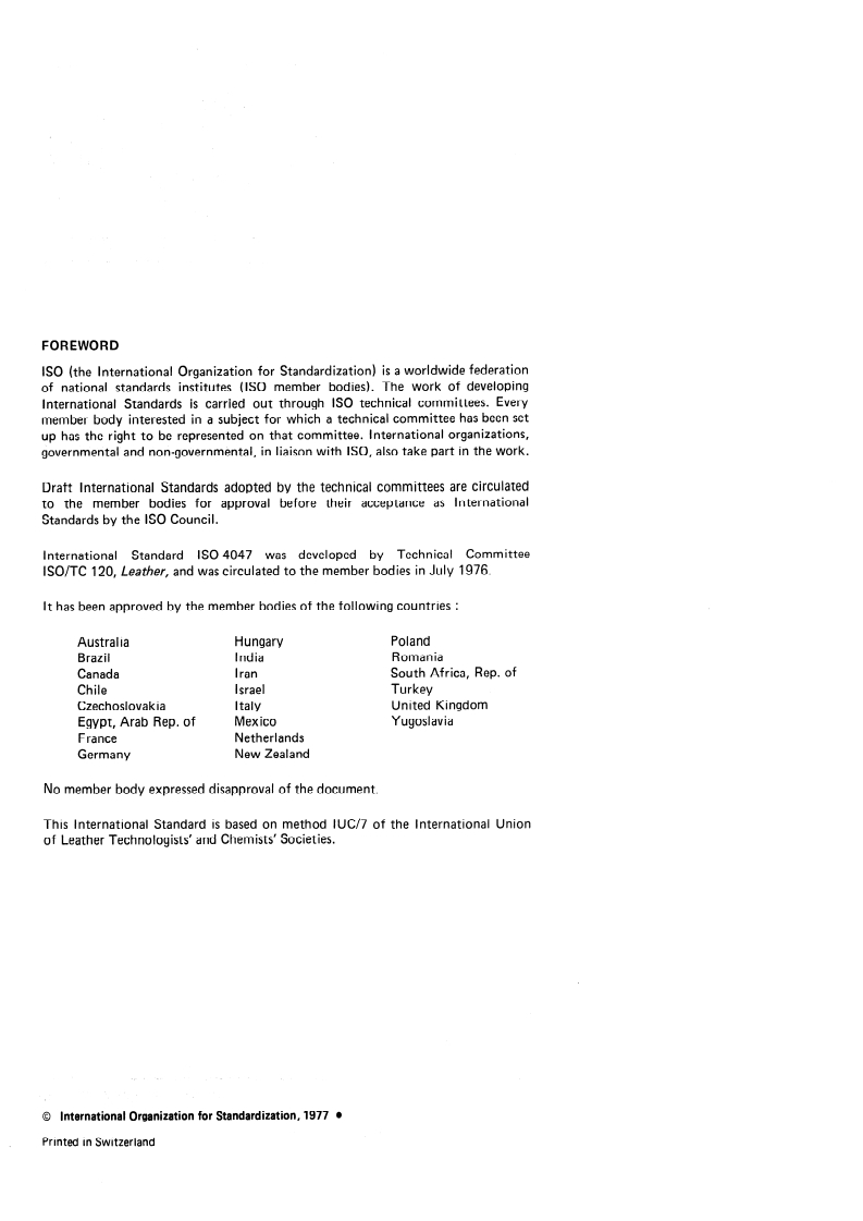 ISO 4047:1977 ISO 4047:1977 - Leather — Determination of sulphated total ash and sulphated water-insoluble ash/1/1977 - Page 2 preview