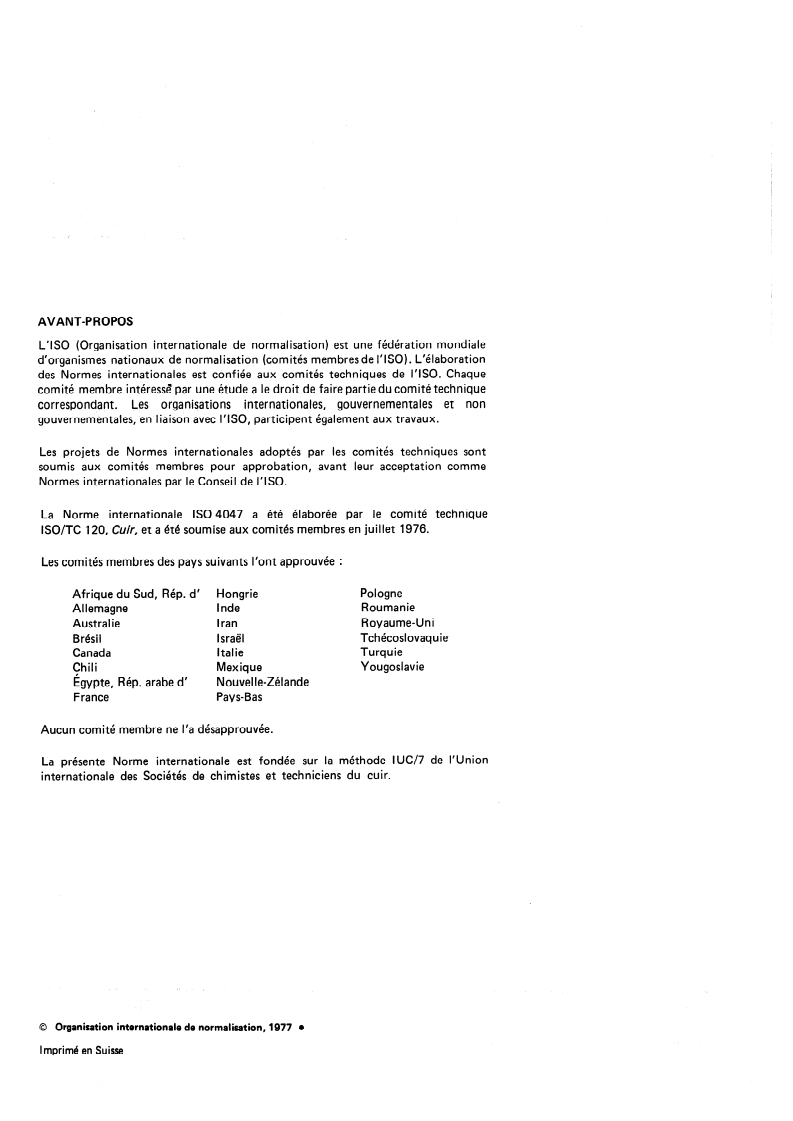 ISO 4047:1977 ISO 4047:1977 - Cuir — Dosage des cendres sulfatées totales et des cendres sulfatées insolubles dans l'eau/1/1977 - Page 2 preview