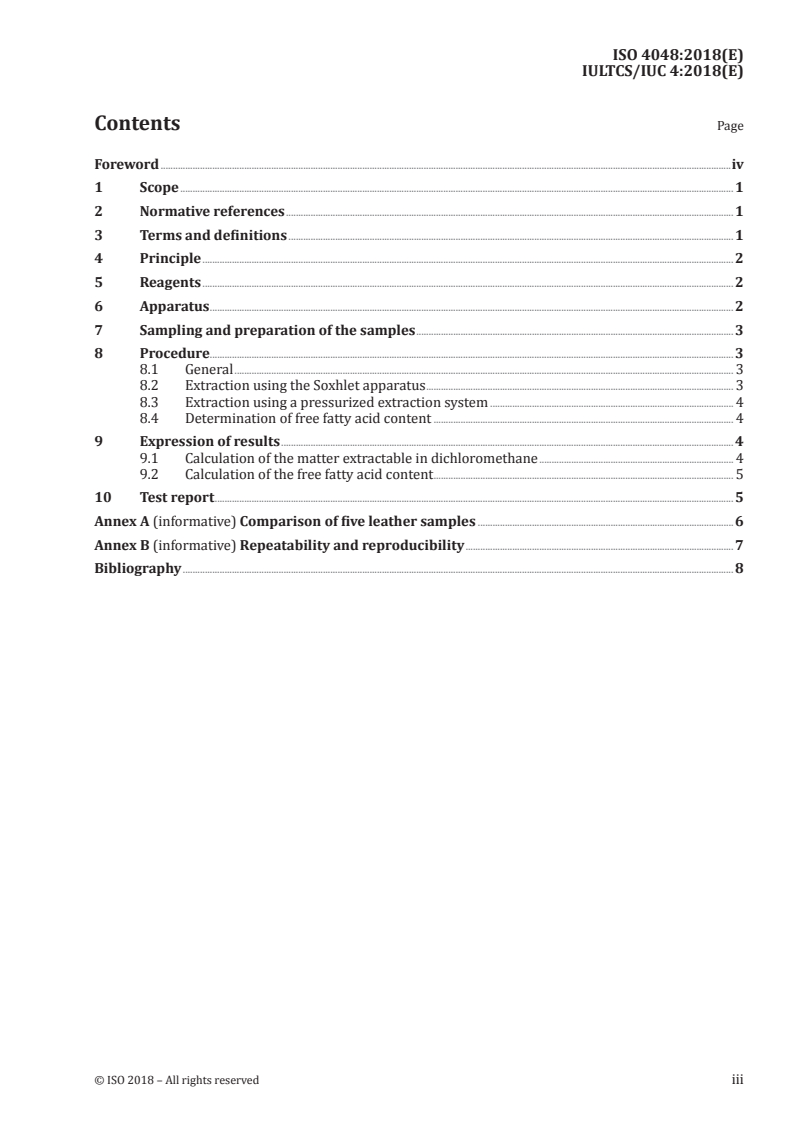 ISO 4048:2018 ISO 4048:2018 - Leather — Chemical tests — Determination of matter soluble in dichloromethane and free fatty acid content/15/2018 - Page 3 preview