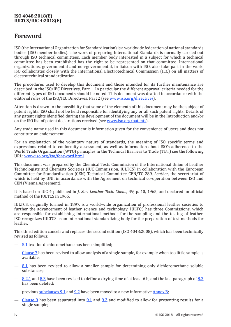 ISO 4048:2018 ISO 4048:2018 - Leather — Chemical tests — Determination of matter soluble in dichloromethane and free fatty acid content/15/2018 - Page 4 preview