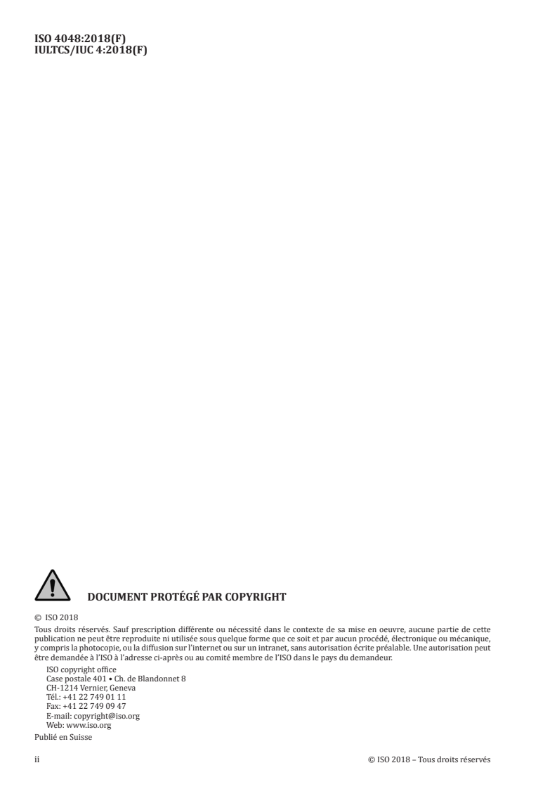 ISO 4048:2018 ISO 4048:2018 - Cuir — Essais chimiques — Dosage des matières solubles dans le dichlorométhane et des acides gras libres/15/2018 - Page 2 preview
