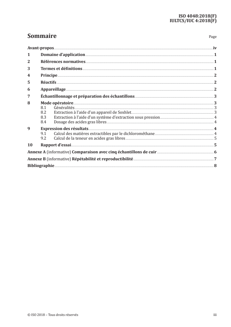 ISO 4048:2018 ISO 4048:2018 - Cuir — Essais chimiques — Dosage des matières solubles dans le dichlorométhane et des acides gras libres/15/2018 - Page 3 preview