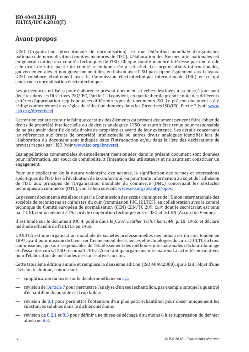 ISO 4048:2018 ISO 4048:2018 - Cuir — Essais chimiques — Dosage des matières solubles dans le dichlorométhane et des acides gras libres/15/2018 - Page 4 preview