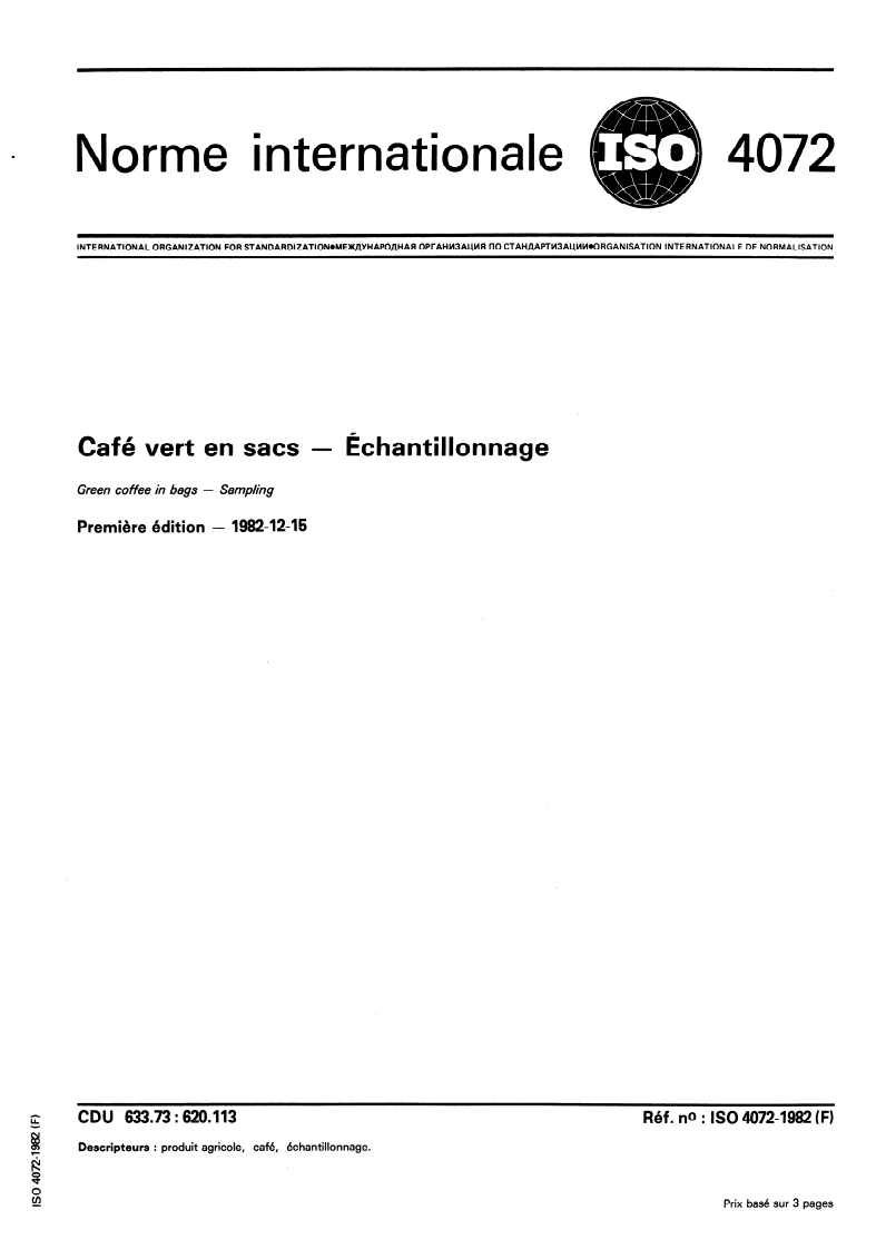 SIST ISO 4072:1995 ISO 4072:1982 - Café vert en sacs — Échantillonnage/1/1982 - Page 1 preview