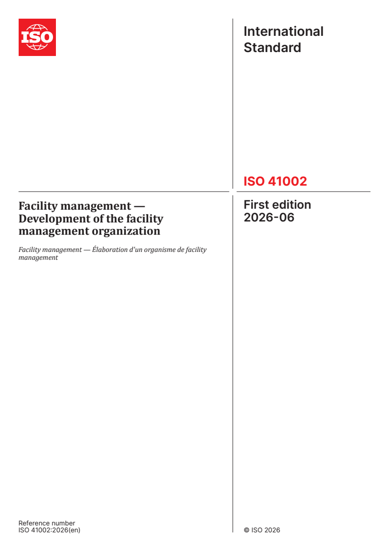 ISO 41002:2026 ISO 41002:2026 - Facility management — Development of the facility management organization - Page 1 preview