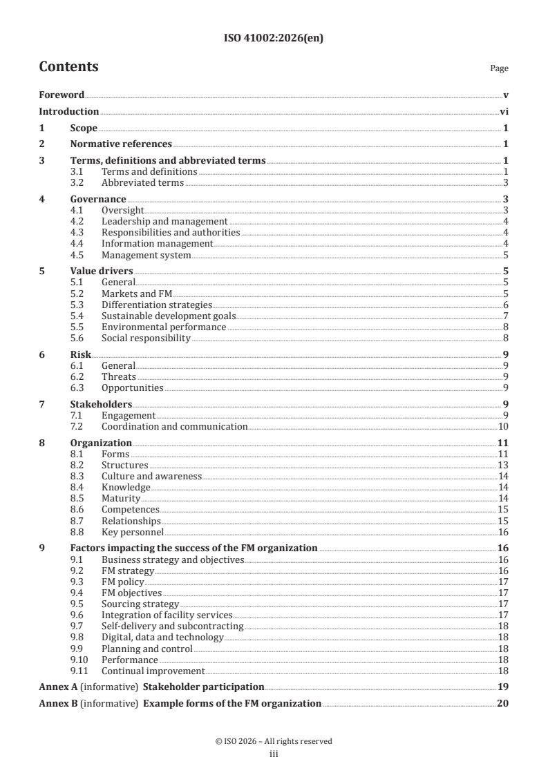 ISO 41002:2026 ISO 41002:2026 - Facility management — Development of the facility management organization - Page 3 preview