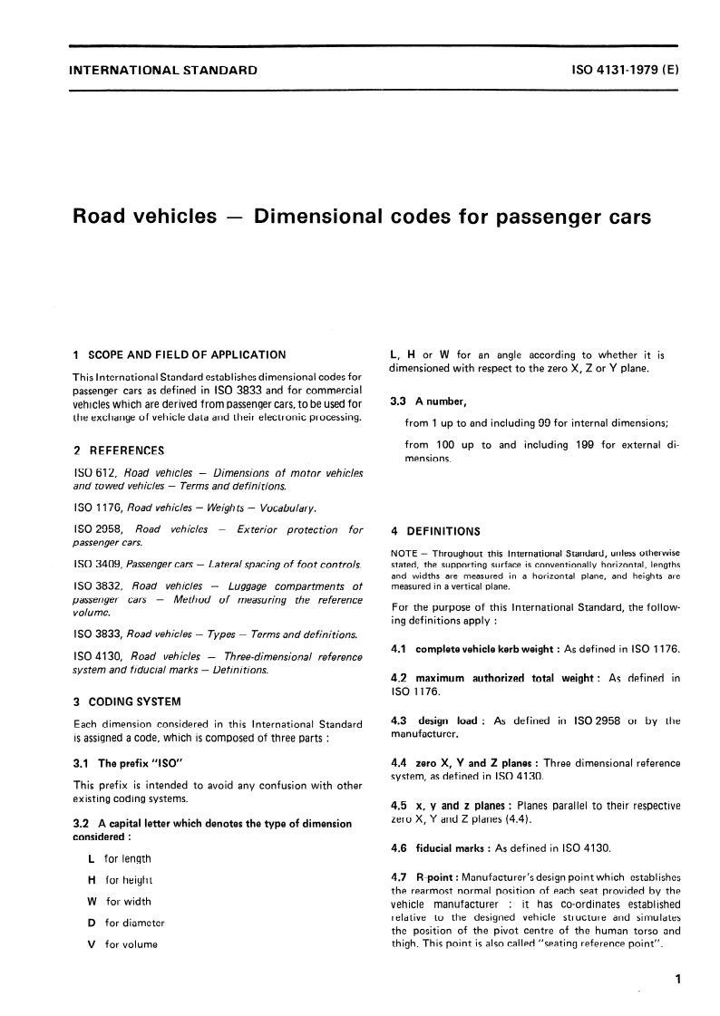 ISO 4131:1979 ISO 4131:1979 - Road vehicles — Dimensional codes for passenger cars/1/1979 - Page 3 preview