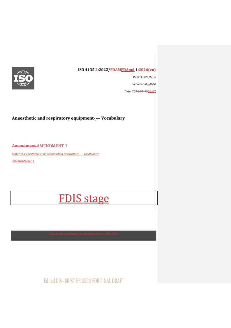 ISO 4135:2022/FDAmd 1 REDLINE ISO 4135:2022/FDAmd 1 - Anaesthetic and respiratory equipment — Vocabulary — Amendment 1 - Page 1 preview