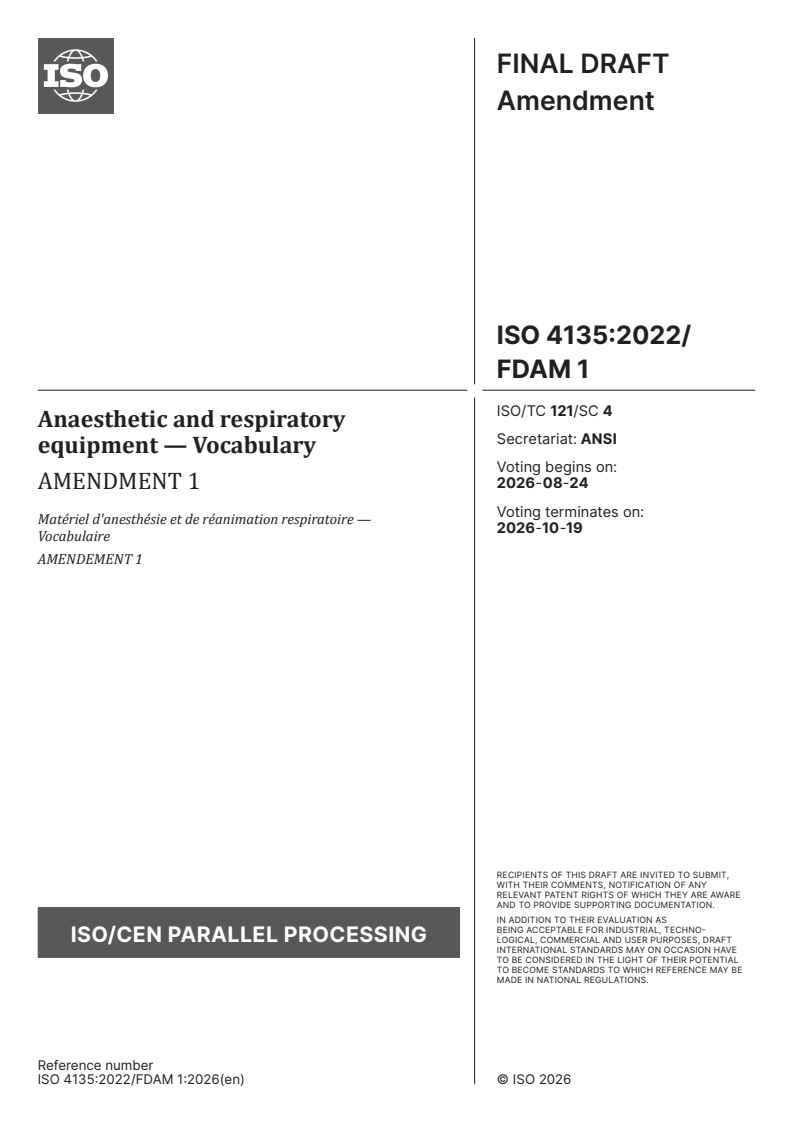 ISO 4135:2022/FDAmd 1 ISO 4135:2022/FDAmd 1 - Anaesthetic and respiratory equipment — Vocabulary — Amendment 1 - Page 1 preview