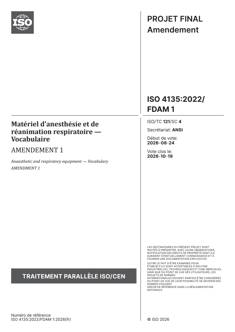 ISO 4135:2022/FDAmd 1 ISO 4135:2022/FDAmd 1 - Matériel d'anesthésie et de réanimation respiratoire — Vocabulaire — Amendement 1 - Page 1 preview