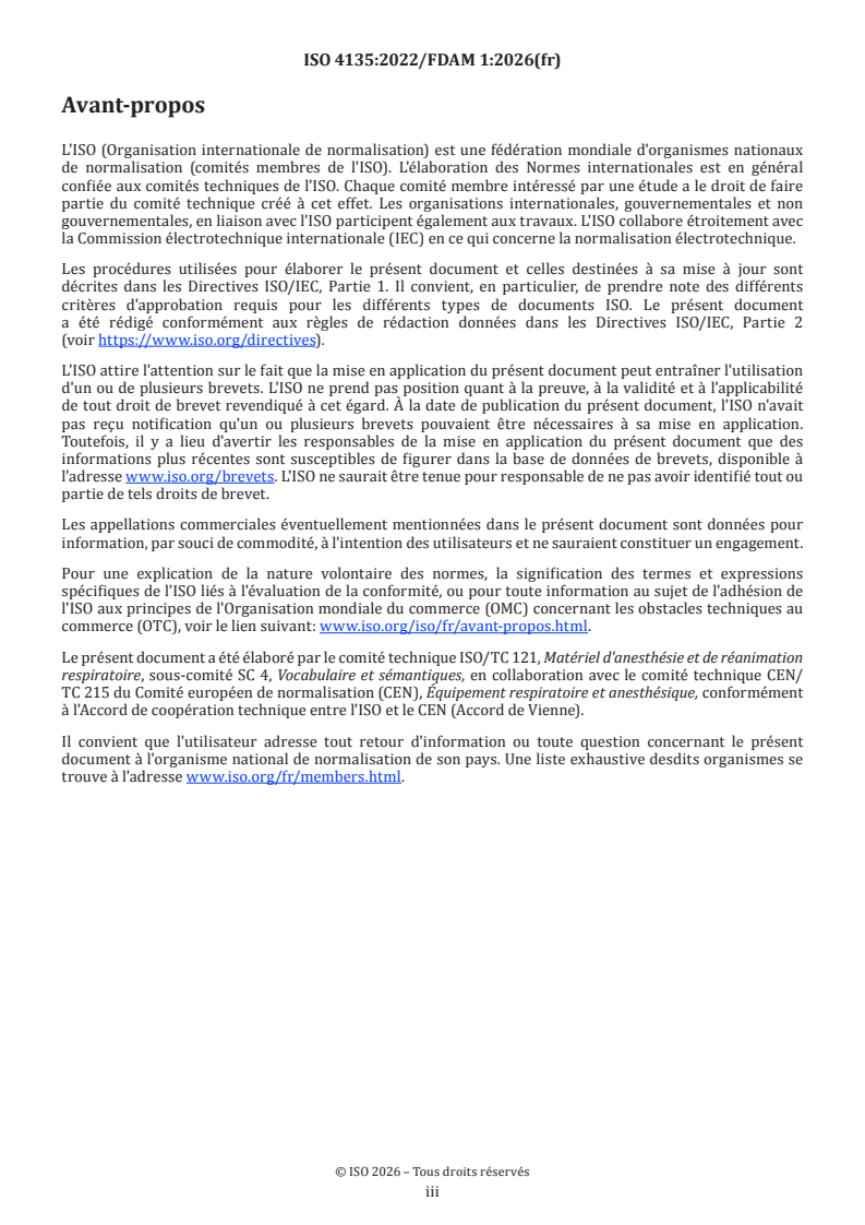 ISO 4135:2022/FDAmd 1 ISO 4135:2022/FDAmd 1 - Matériel d'anesthésie et de réanimation respiratoire — Vocabulaire — Amendement 1 - Page 3 preview