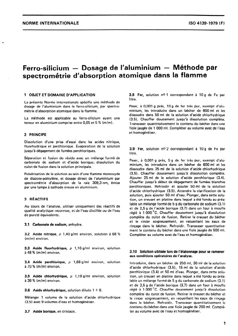 ISO 4139:1979 ISO 4139:1979 - Ferro-silicium — Dosage de l'aluminium — Méthode par spectrométrie d'absorption atomique dans la flamme/1/1979 - Page 3 preview