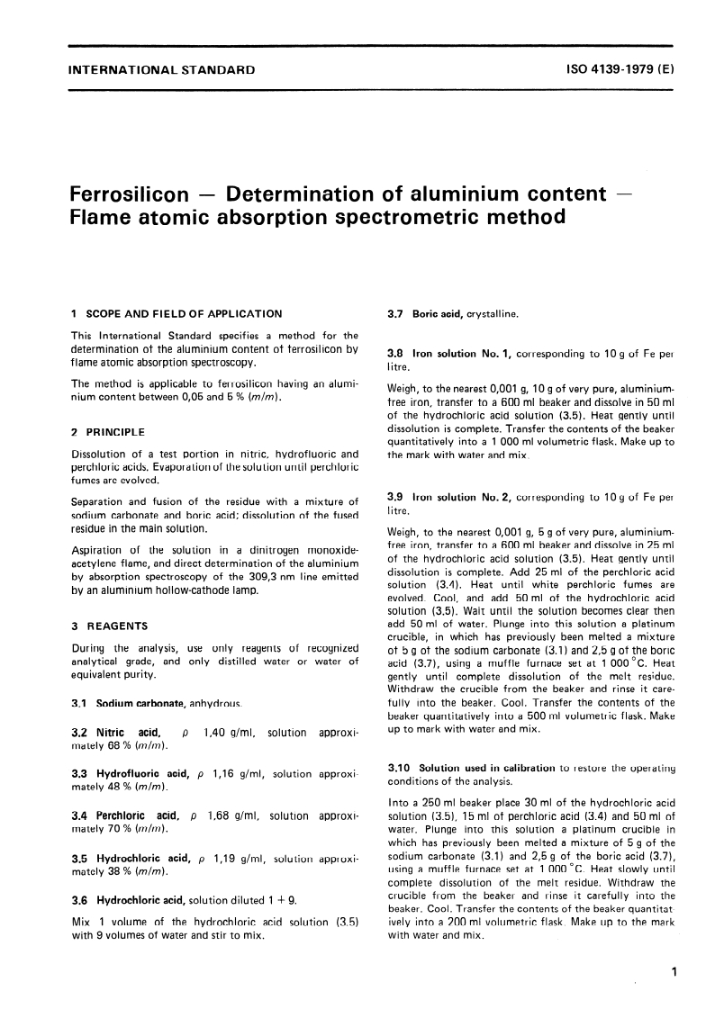 ISO 4139:1979 ISO 4139:1979 - Ferrosilicon — Determination of aluminium content — Flame atomic absorption spectrometric method/1/1979 - Page 3 preview