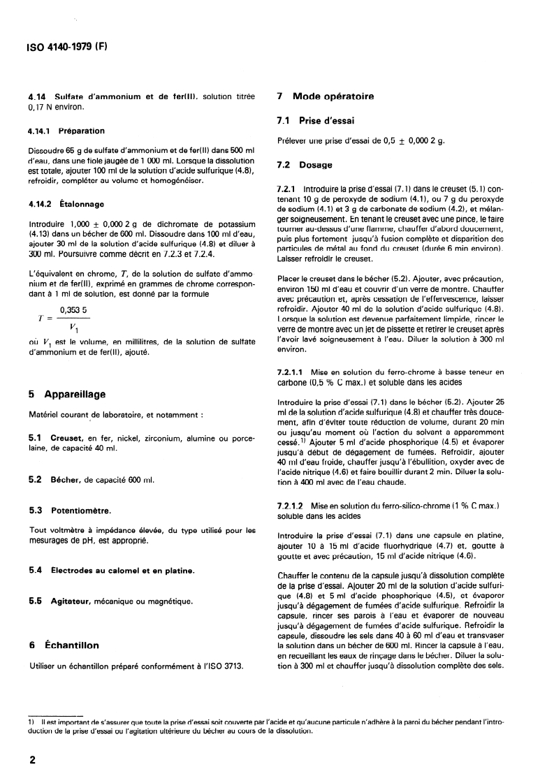 ISO 4140:1979 ISO 4140:1979 - Ferro-chrome et ferro-silico-chrome — Dosage du chrome — Méthode potentiométrique/1/1979 - Page 4 preview