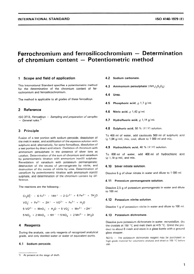 ISO 4140:1979 ISO 4140:1979 - Ferrochromium and ferrosilicochromium — Determination of chromium content — Potentiometric method/1/1979 - Page 3 preview