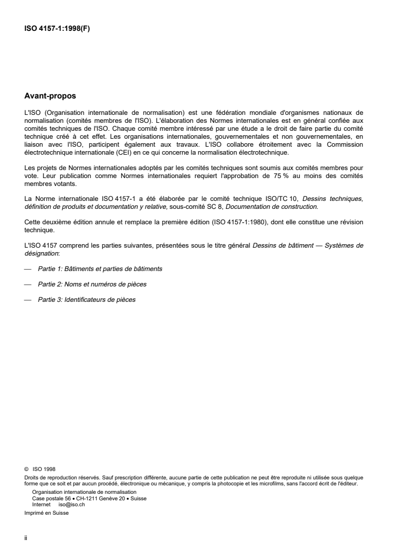 ISO 4157-1:1998 ISO 4157-1:1998 - Dessins de bâtiment — Systèmes de désignation — Partie 1: Bâtiments et parties de bâtiments/10/1998 - Page 2 preview