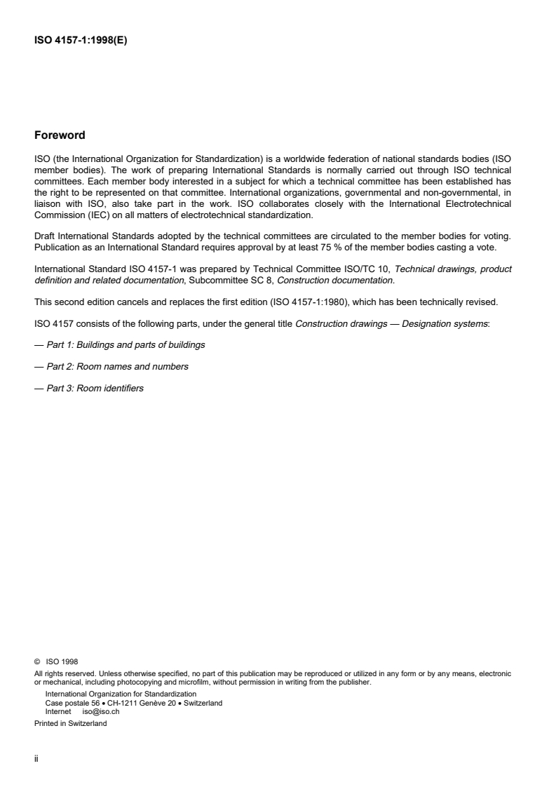 ISO 4157-1:1998 ISO 4157-1:1998 - Construction drawings — Designation systems — Part 1: Buildings and parts of buildings/10/1998 - Page 2 preview