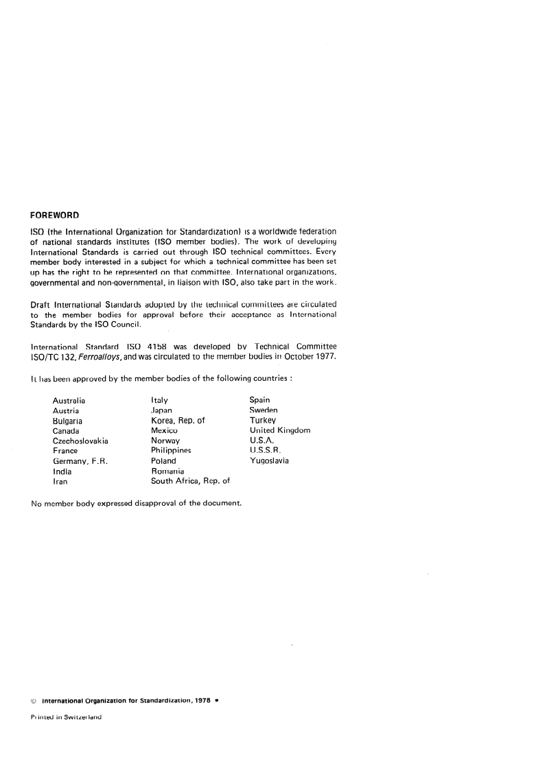 ISO 4158:1978 ISO 4158:1978 - Ferrosilicon, ferrosilicomanganese and ferrosilicochromium — Determination of silicon content — Gravimetric method/1/1978 - Page 2 preview