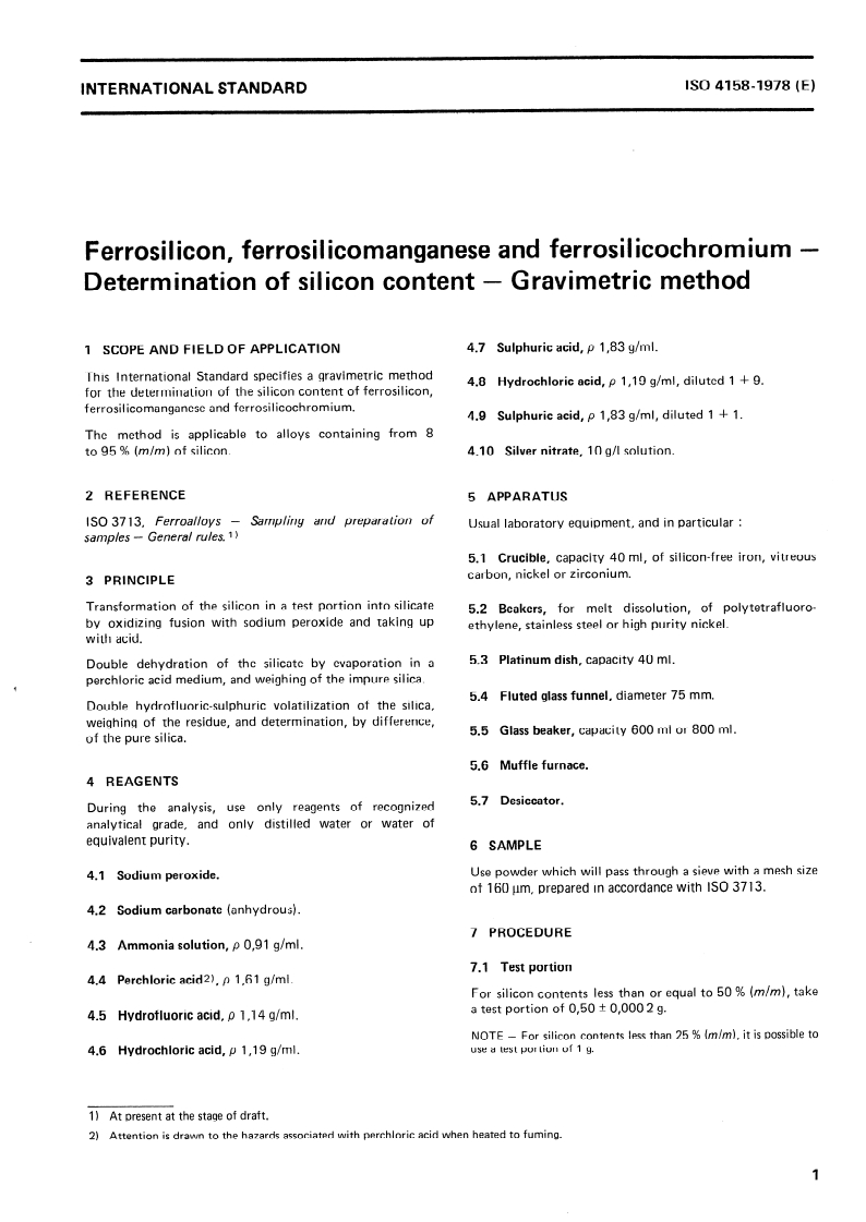 ISO 4158:1978 ISO 4158:1978 - Ferrosilicon, ferrosilicomanganese and ferrosilicochromium — Determination of silicon content — Gravimetric method/1/1978 - Page 3 preview