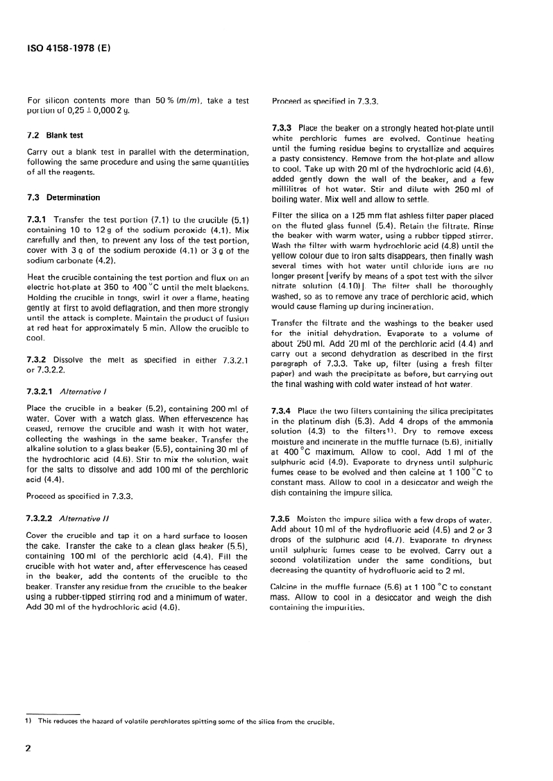 ISO 4158:1978 ISO 4158:1978 - Ferrosilicon, ferrosilicomanganese and ferrosilicochromium — Determination of silicon content — Gravimetric method/1/1978 - Page 4 preview