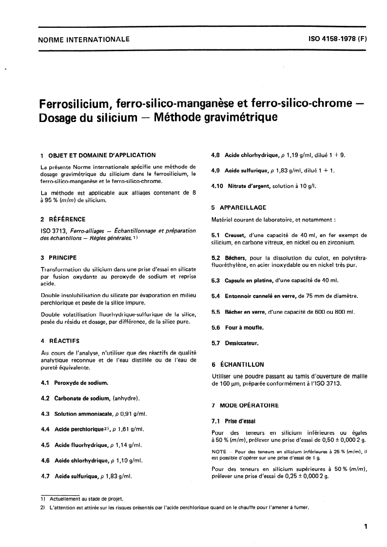 ISO 4158:1978 ISO 4158:1978 - Ferro-silicium, ferro-silico-manganèse et ferro-silico-chrome — Dosage du silicium — Méthode gravimétrique/1/1978 - Page 3 preview