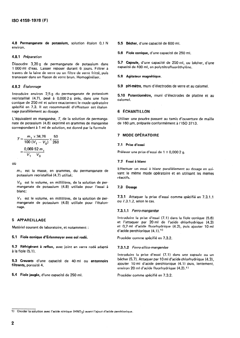ISO 4159:1978 ISO 4159:1978 - Ferro-manganèse et ferro-silico-manganèse — Dosage du manganèse — Méthode potentiométrique/1/1978 - Page 4 preview