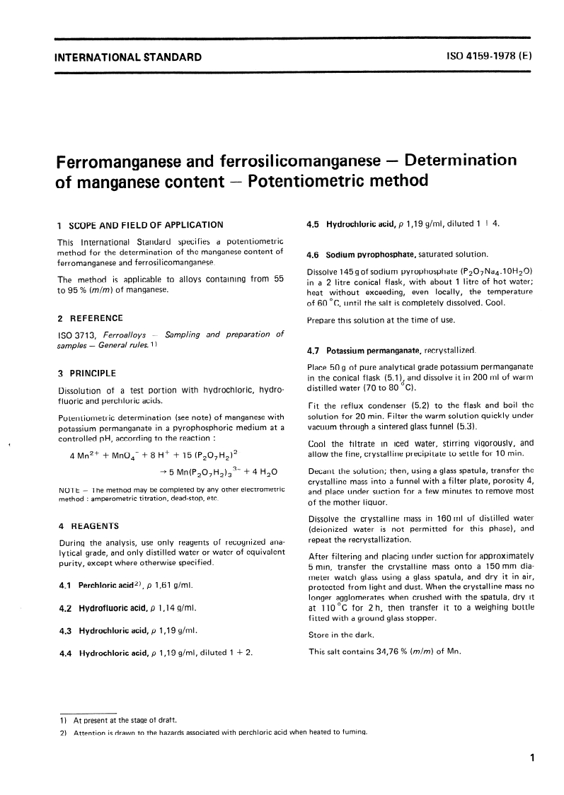 ISO 4159:1978 ISO 4159:1978 - Ferromanganese and ferrosilicomanganese — Determination of manganese content — Potentiometric method/1/1978 - Page 3 preview