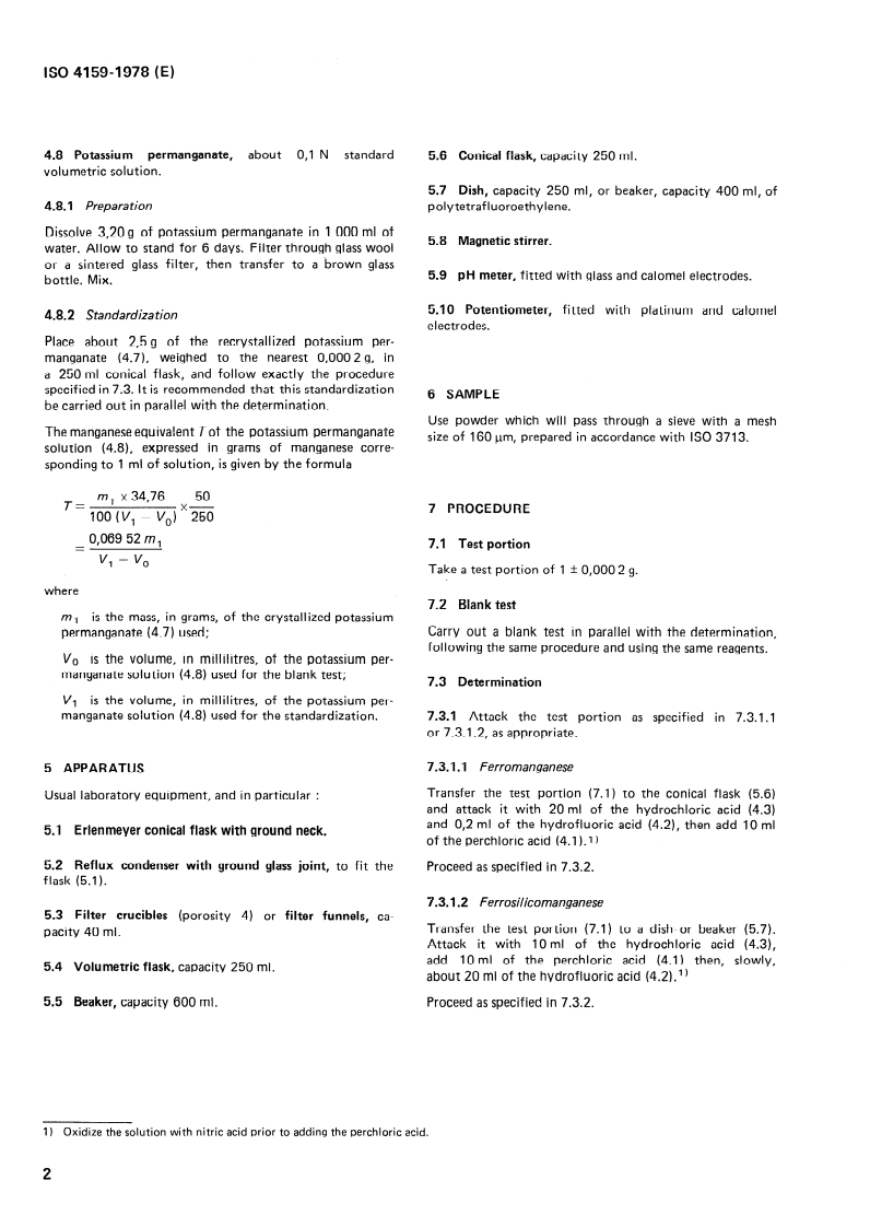 ISO 4159:1978 ISO 4159:1978 - Ferromanganese and ferrosilicomanganese — Determination of manganese content — Potentiometric method/1/1978 - Page 4 preview