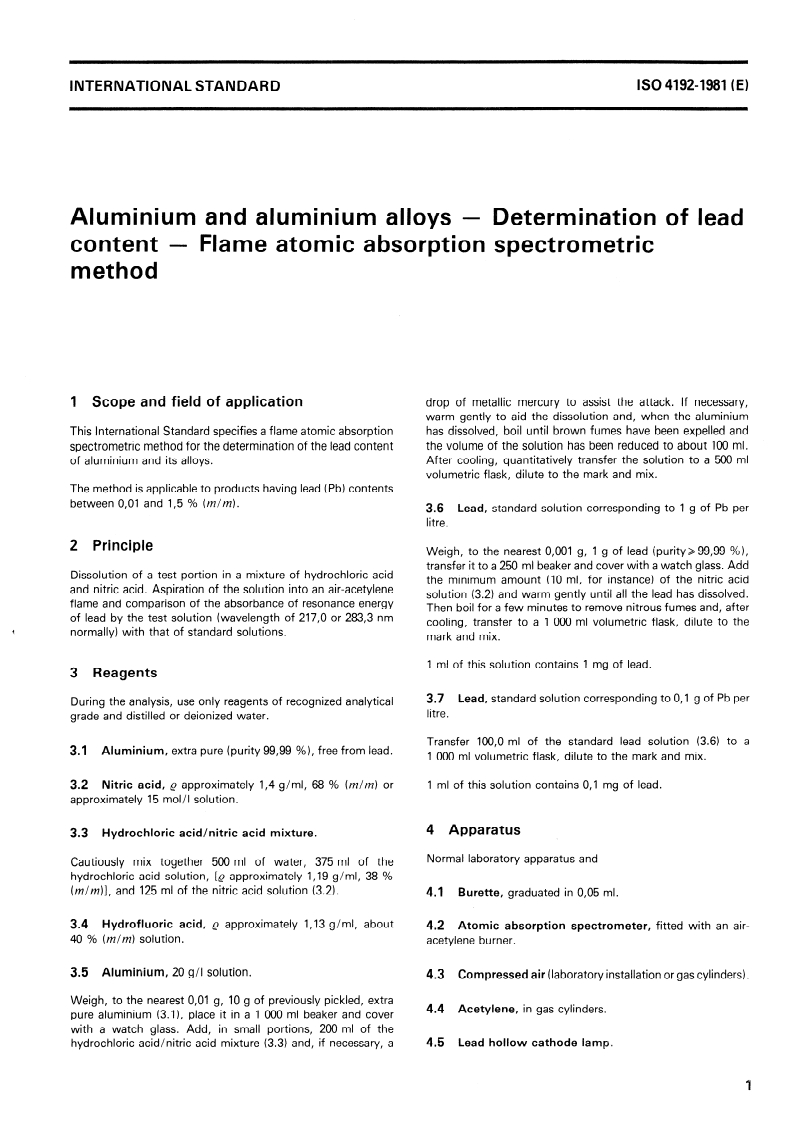 ISO 4192:1981 ISO 4192:1981 - Aluminium and aluminium alloys — Determination of lead content — Flame atomic absorption spectrometric method/1/1981 - Page 3 preview