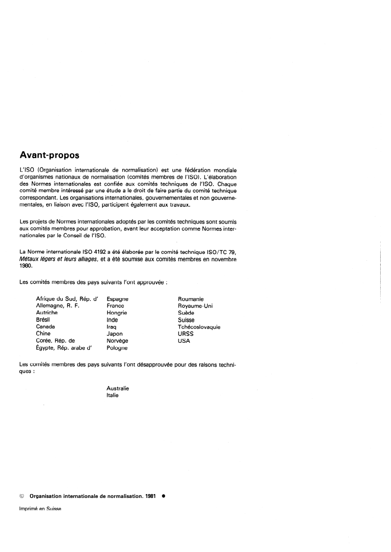 ISO 4192:1981 ISO 4192:1981 - Aluminium et alliages d'aluminium — Dosage du plomb — Méthode par spectrométrie d'absorption atomique dans la flamme/1/1981 - Page 2 preview