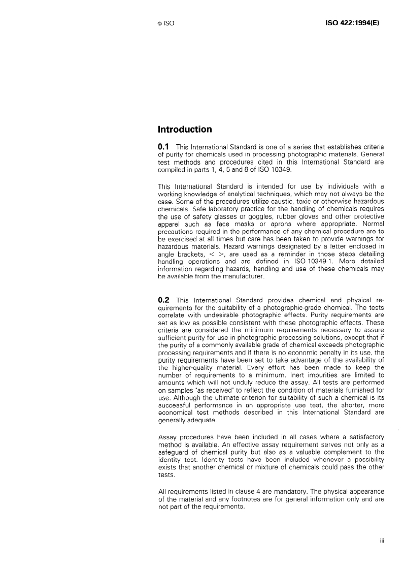 ISO 422:1994 ISO 422:1994 - Photography — Processing chemicals — Specifications for p-methylaminophenol sulfate/20/1994 - Page 3 preview